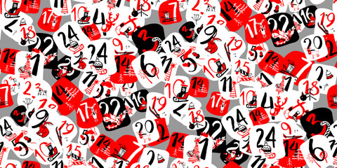 Obraz premium Seamless pattern Advent Calendar. Cute colorful Christmas ornaments with number of day of december. Flat lay design for textile, wrapping paper, poster, winter postcard, seasonal wallpaper. Vector