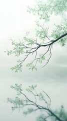 Obraz premium A tree branch, with branches and leaves hanging down, reflects in the water below it. 
