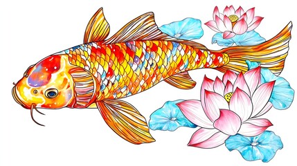 Koi Fish and Lotus Flower Watercolor