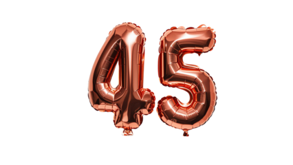 Number forty five 45 balloon made of rose gold color On the White background....