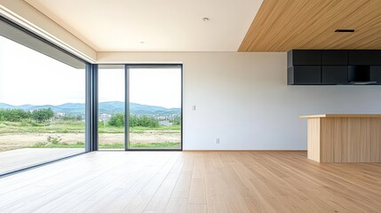 Modern, Minimalist Living Room Interior with Expansive Windows Showcasing Scenic Mountain Views