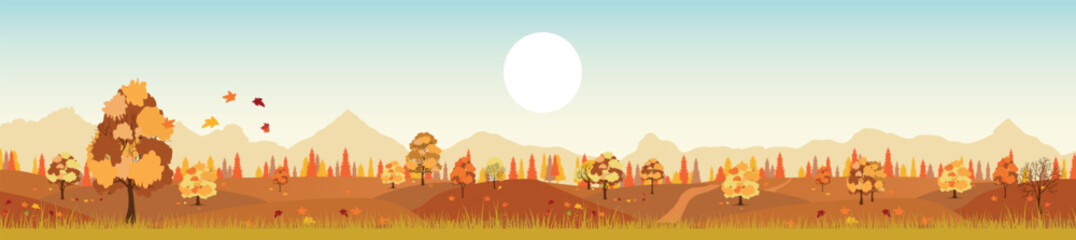 Panorama of autumn landscape. Golden autumn. Vector graphics