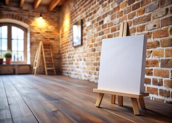 White Canvas Mockup in Tilt-Shift Photography with Blurred Brick Wall Interior for Creative Design, Art Display, and Marketing Purposes