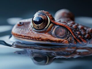 This image captures a vibrant close-up of a frog eyes as it emerges from the water, showcasing incredible details and reflective surfaces in a natural setting.