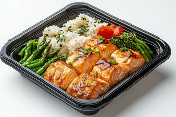 Fototapeta premium Delicious bento box featuring miso glazed salmon served over fluffy rice, perfect for a healthy meal.