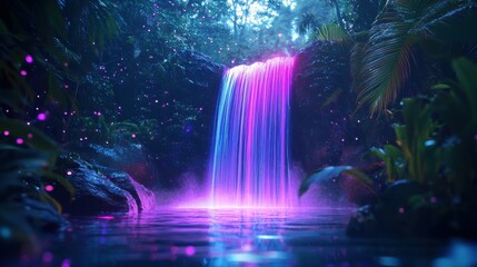 A mesmerizing waterfall cascades into a serene pool surrounded by vibrantly colored flora in a tropical setting, illuminated by ethereal lights.