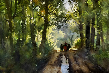 Watercolor on paper - The way of life of people living in the countryside traveling by carts pulled by oxen along difficult paths in the green forest in summer, surrounded by trees and enjoying nature