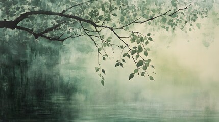 A tree branch, with branches and leaves hanging down, reflects in the water below it. 
