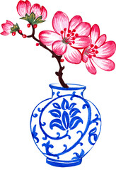 white ceramic vase with blue floral vine pattern and one pink flower stem, chinese style, hand-drawn watercolor illustration