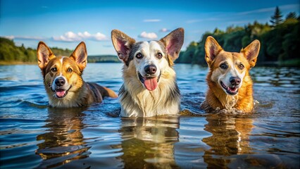 Three canine companions share a refreshing dip in the lake, their smiles reflecting the joy of a summer day.