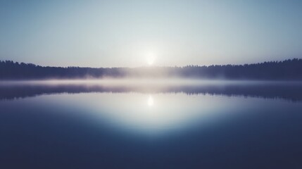 Misty Lake at Sunrise with Forest Silhouette and Blue Sky