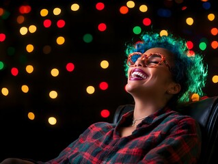 Person laughing in colorful lights atmosphere