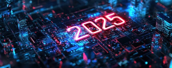 Glowing 2025: Embrace the Future with a Futuristic Cityscape and Ample Space for Your Text