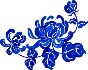 blue floral vine pattern with one blooming flower and two buds, hand-drawn watercolor illustration