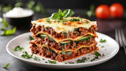 Delicious grain-free keto lasagna featuring zucchini slices layered with rich cheese and savory ingredients.