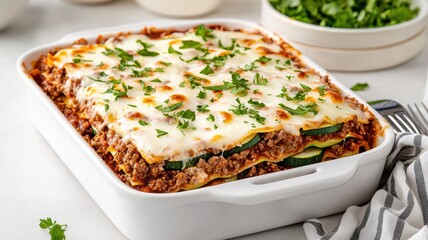 Delicious grain-free keto lasagna featuring zucchini slices layered with rich cheese and savory ingredients.