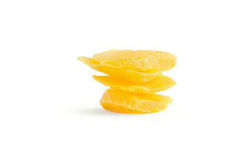 Slices of large sweet dried mangoes isolated on white.
