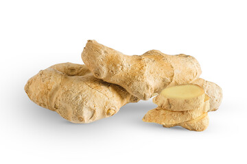 Fresh ginger and sliced ginger isolated on white