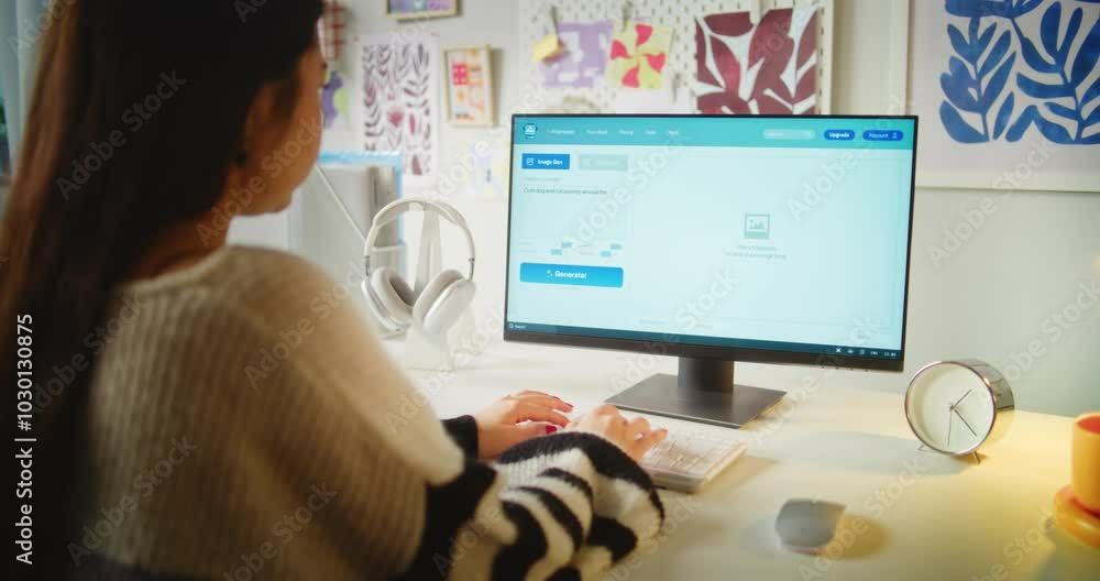 Poster girl enters text prompt in artificial intelligence software on computer. ai image generator creates 