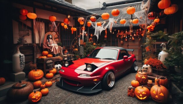 Cute tuned car miata in a cozy yard that is decorated for Halloween
