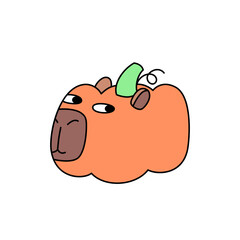 Capybara head in the form of a pumpkin vegetable. Clipart on the theme of fairy tales and magic. Funny joke character for halloween