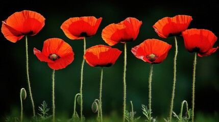 Naklejka premium Red Poppy Flowers in Bloom Against a Dark Background