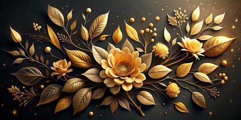 Golden floral arrangement, a symphony of intricate leaves, delicate petals, and shimmering spheres, against a backdrop of deep charcoal
