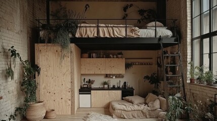 Cozy Loft Apartment Interior Design with Plants and Wooden Accents