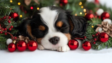 Sleepy puppy with Christmas decorations