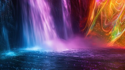 Fototapeta premium A vibrant waterfall featuring colorful hues of purple, blue, and orange flowing into a shimmering pool, creating a mesmerizing and tranquil scene.