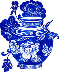 cerulean vase with peony pattern and large blue blooms, chinese porcelain, hand-drawn watercolor illustration