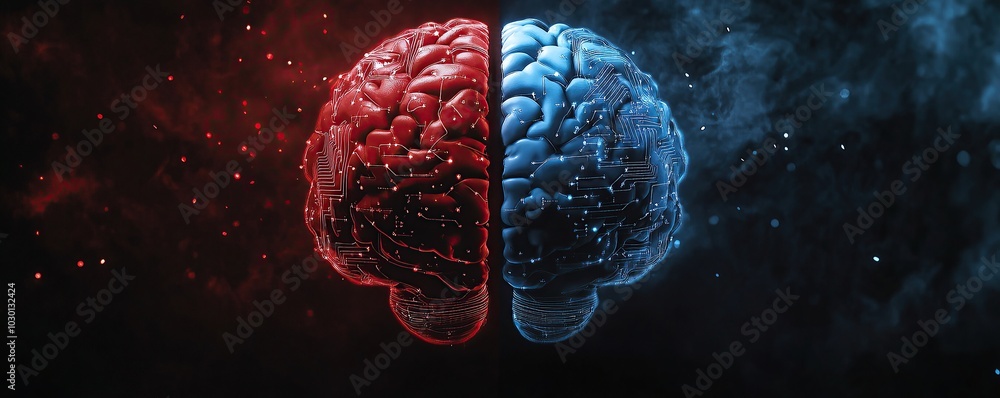 Poster a digital brain split in half, one side red and the other blue with circuit patterns on it