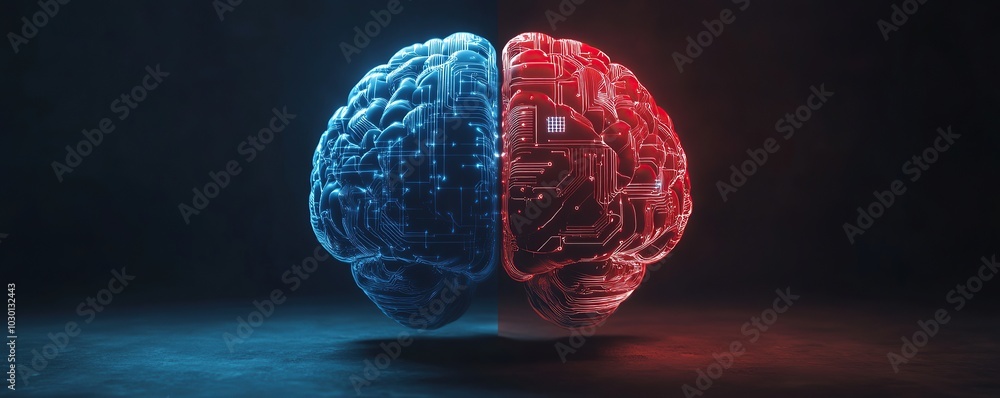 Poster a digital brain split in half, one side red and the other blue with circuit patterns on it