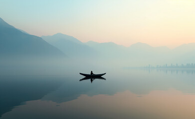 A tranquil scene of a man in a small boat on Dal Lake, surrounded by misty mountains at dawn in winter, creates a serene and dreamlike atmosphere