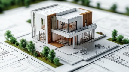 Fototapeta premium Modern Architectural Model on Blueprints