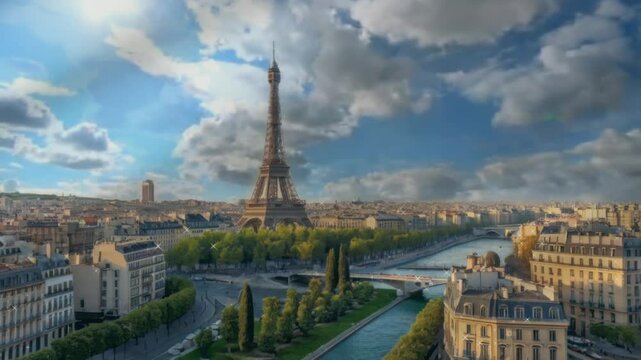 the beauty of the city of Paris and the Eiffel Tower in the morning, afternoon and evening