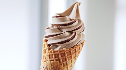 Creamy almond-flavored ice cream in a crunchy waffle cone, garnished with almond slices, set against a clean and bright background, ideal for food advertising, dessert imagery, and menus. 