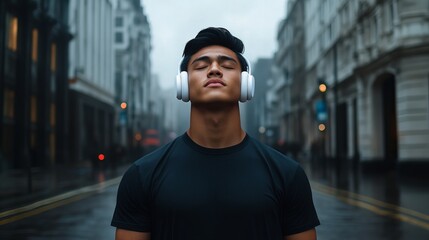 A young man stands in a city street with his eyes closed, wearing headphones, seemingly lost in music. The street is slightly wet, possibly after rain, with a blurred urban background, evoking a calm