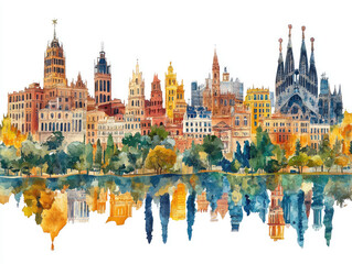 Obraz premium Historic Spanish cityscape with cathedrals and autumn reflections