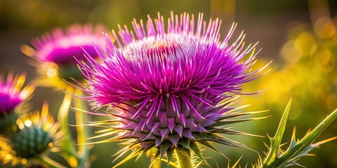 A vibrant purple thistle blossom with delicate petals, catching the warm light of the setting sun, creating a beautiful contrast against the soft, blurred background.