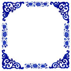 blue floral vine porcelain vase, chinese porcelain, hand-drawn watercolor painting frame design