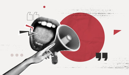 Trendy Halftone Collage screaming mouth, hand and megaphone. Advertising banner with loudspeaker for sale, promotion and marketing. News announcement. Contemporary art vector illustration © accogliente