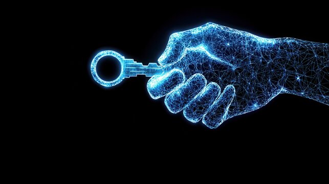 An abstract representation of data ownership, Digital hand holding a glowing key representing access and security.