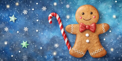 A cheerful gingerbread man with a red bow tie and a candy cane, surrounded by delicate snowflakes and twinkling lights on a deep blue background.