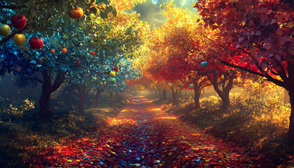 Fototapeta premium A peaceful orchard filled with rows of trees whose leaves are glowing in rainbow colors. Red, blue, green, and golden apples dangle from the branches