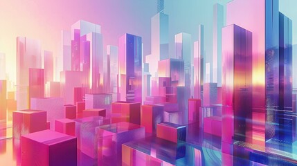Create a holographic 3D abstract cityscape with geometric buildings and floating shapes