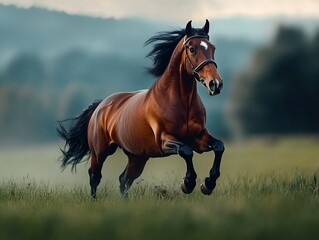 Fototapeta premium A powerful brown horse gallops across a lush green field, showcasing freedom, strength, and the beauty of nature