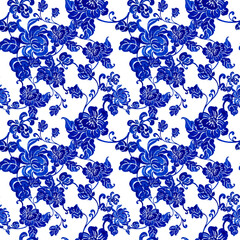 chinese porcelain and peony bloom, hand-drawn watercolor painting pattern seamless design