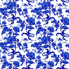 chinese porcelain with floral design, hand-drawn watercolor painting pattern seamless design