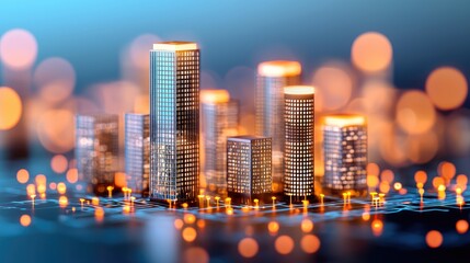 Fototapeta premium A vibrant city skyline features illuminated skyscrapers against a soft focus, creating a modern and futuristic urban ambiance.